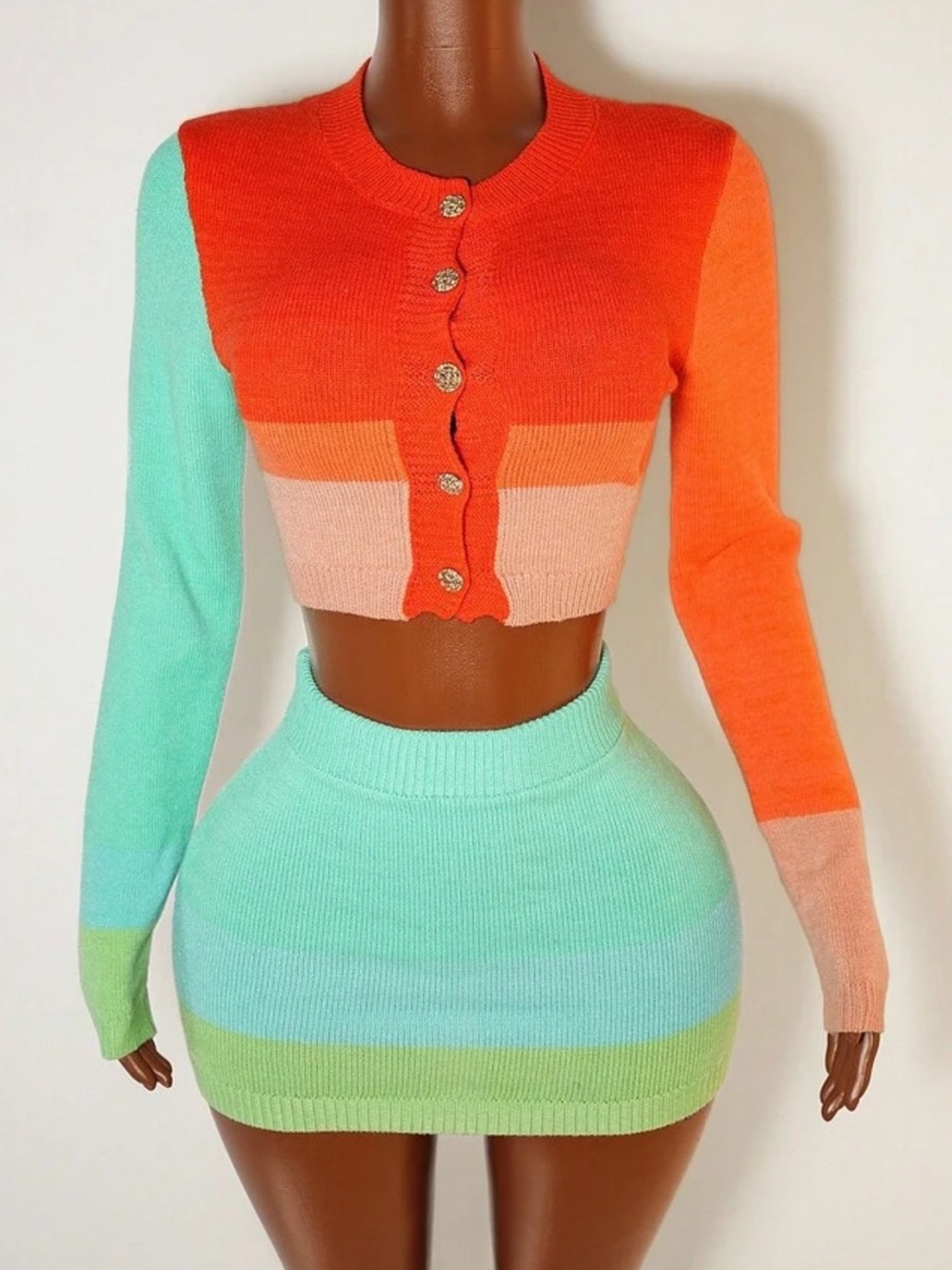 2 PIECE SEXY Striped Colorblock Mini Skirt in Mint and Pastel Stripes LIGHT KNIT
